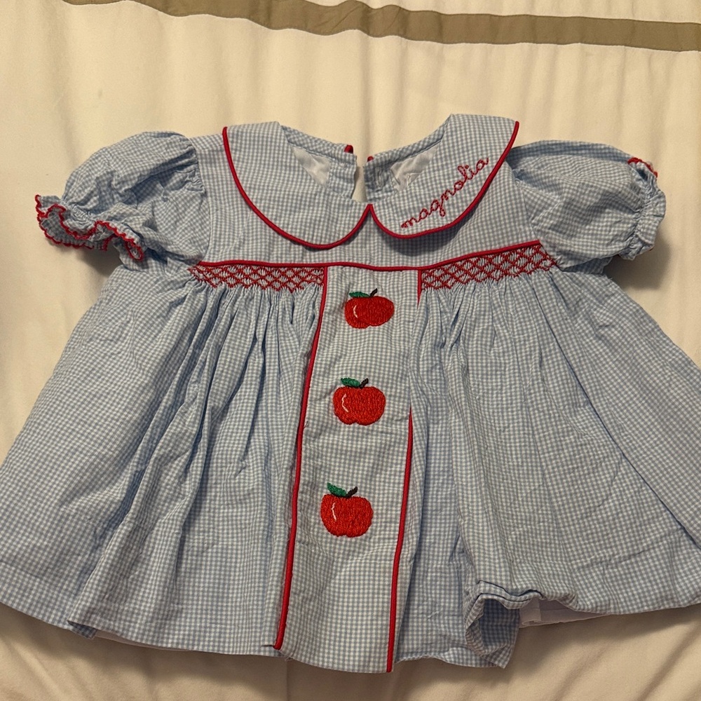 Cecil and Lou smocked back to school Apple Magnolia embroidered top